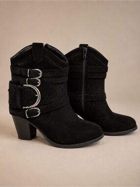 Pierre Dumas Black Western Ankle Boots Women’s Size 6 Buckle Block Heel Booties